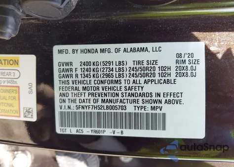 2020 Honda Passport 2Wd Ex-L from USA, damaged, VIN 5FNYF7H52LB005703